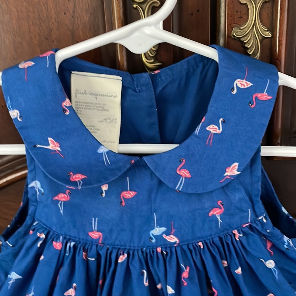 First Impressions Flamingo Dress 6-9M Baby Girl Blue Sleeveless Summer Dress - Picture 2 of 6
